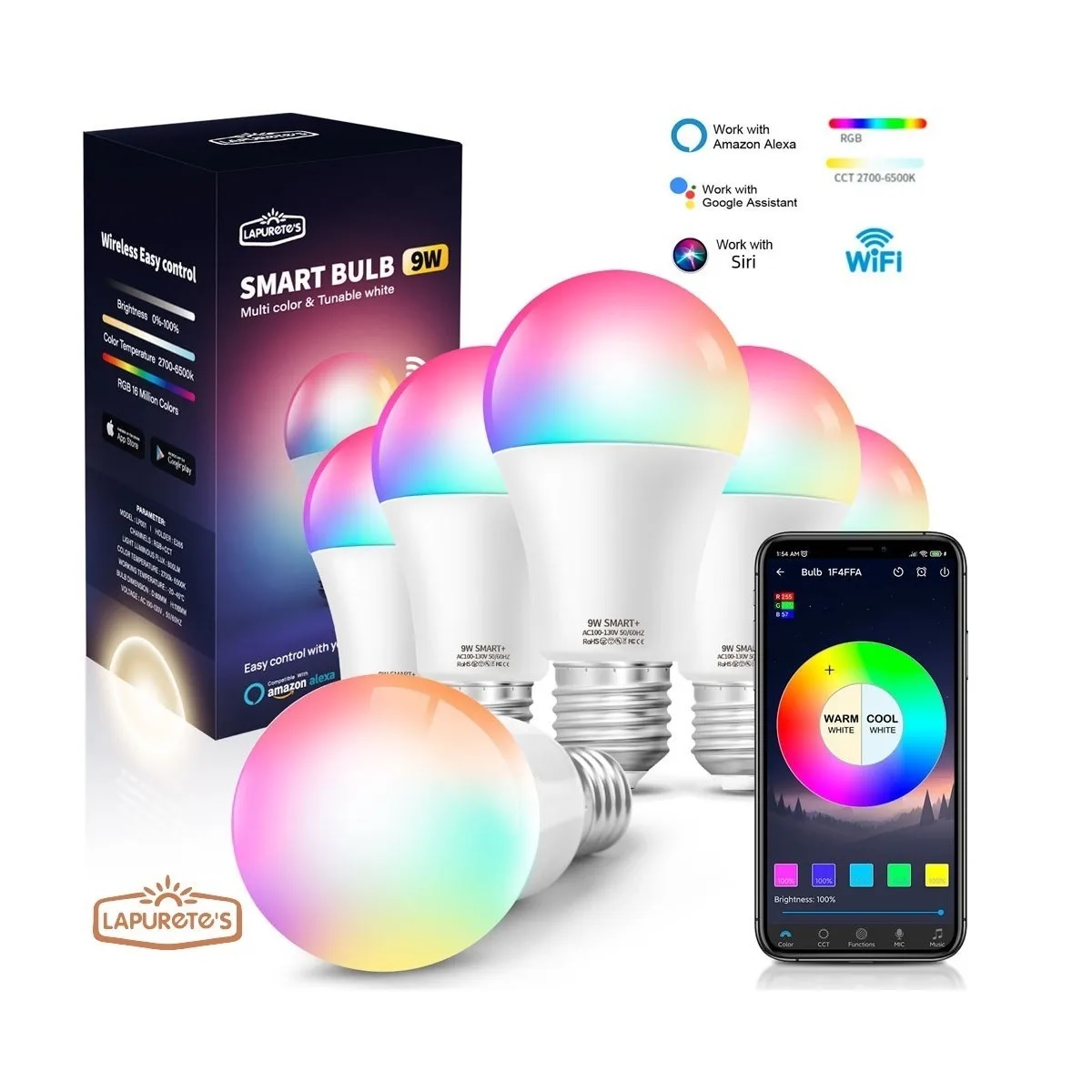Juego Foco Led Inteligente Rgbcw Wifi 9w Ajustable Multicolor 6 Pzas