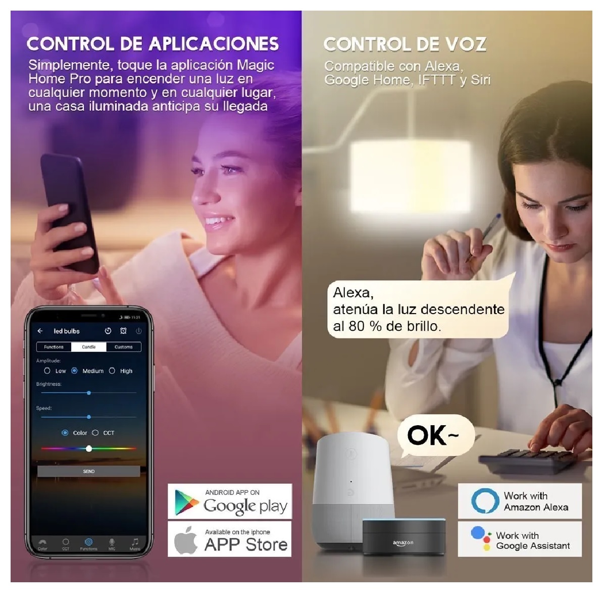 Juego Foco Led Inteligente Rgbcw Wifi 9w Ajustable Multicolor 6 Pzas