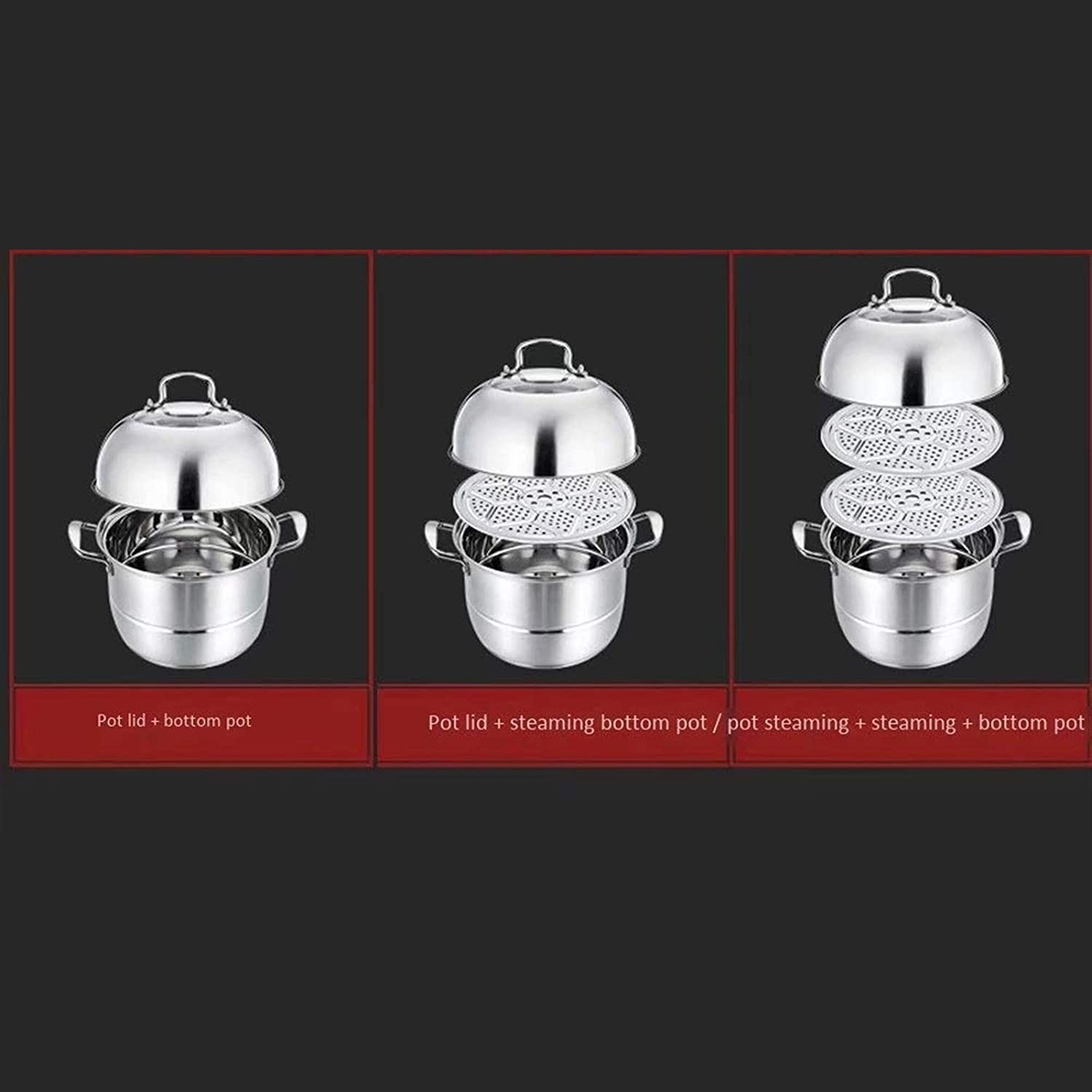 Olla de Vapor Vaporera 2 Niveles en Acero Inoxidable con Tapa Transparente 32 Cm