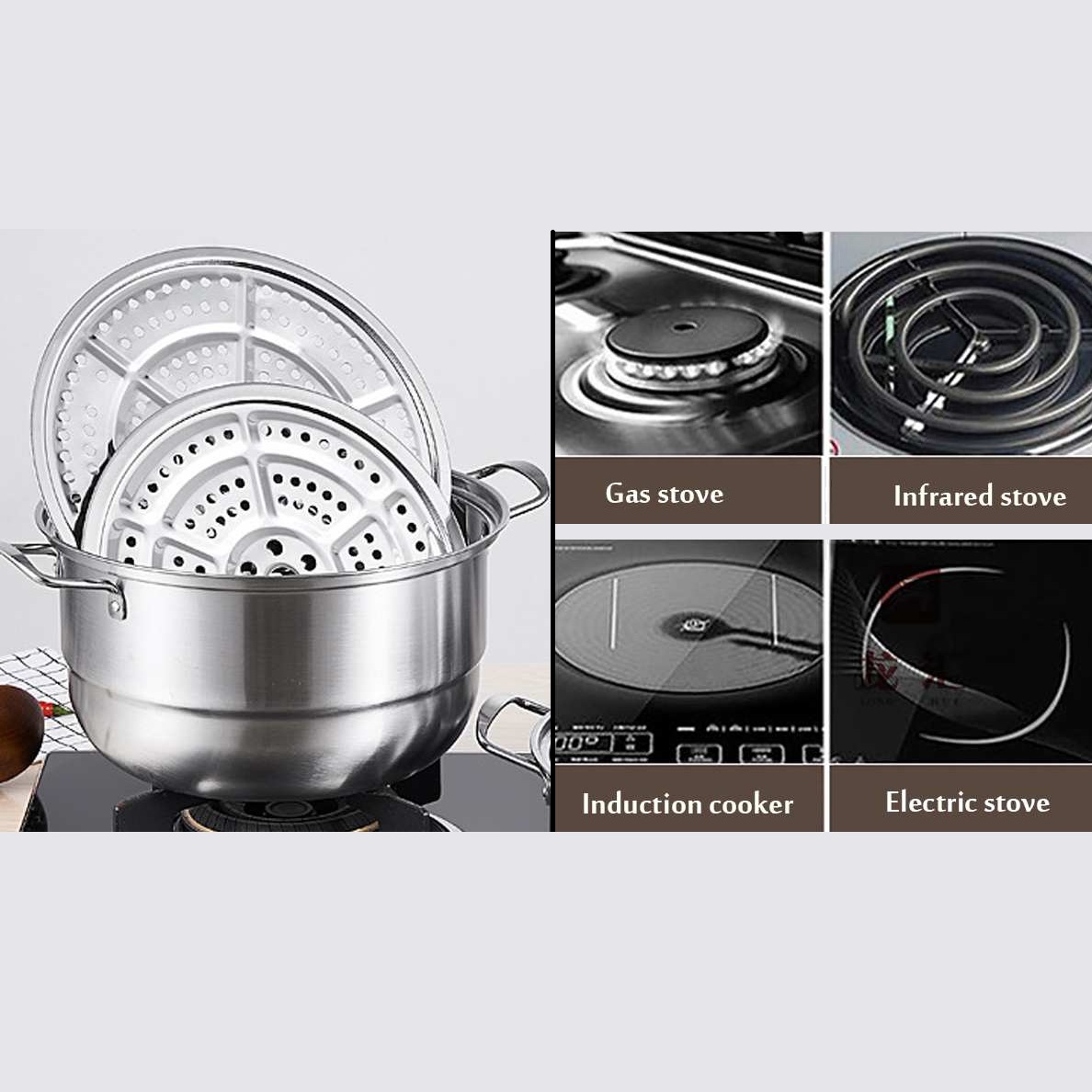 Olla de Vapor Vaporera 2 Niveles en Acero Inoxidable con Tapa Transparente 32 Cm