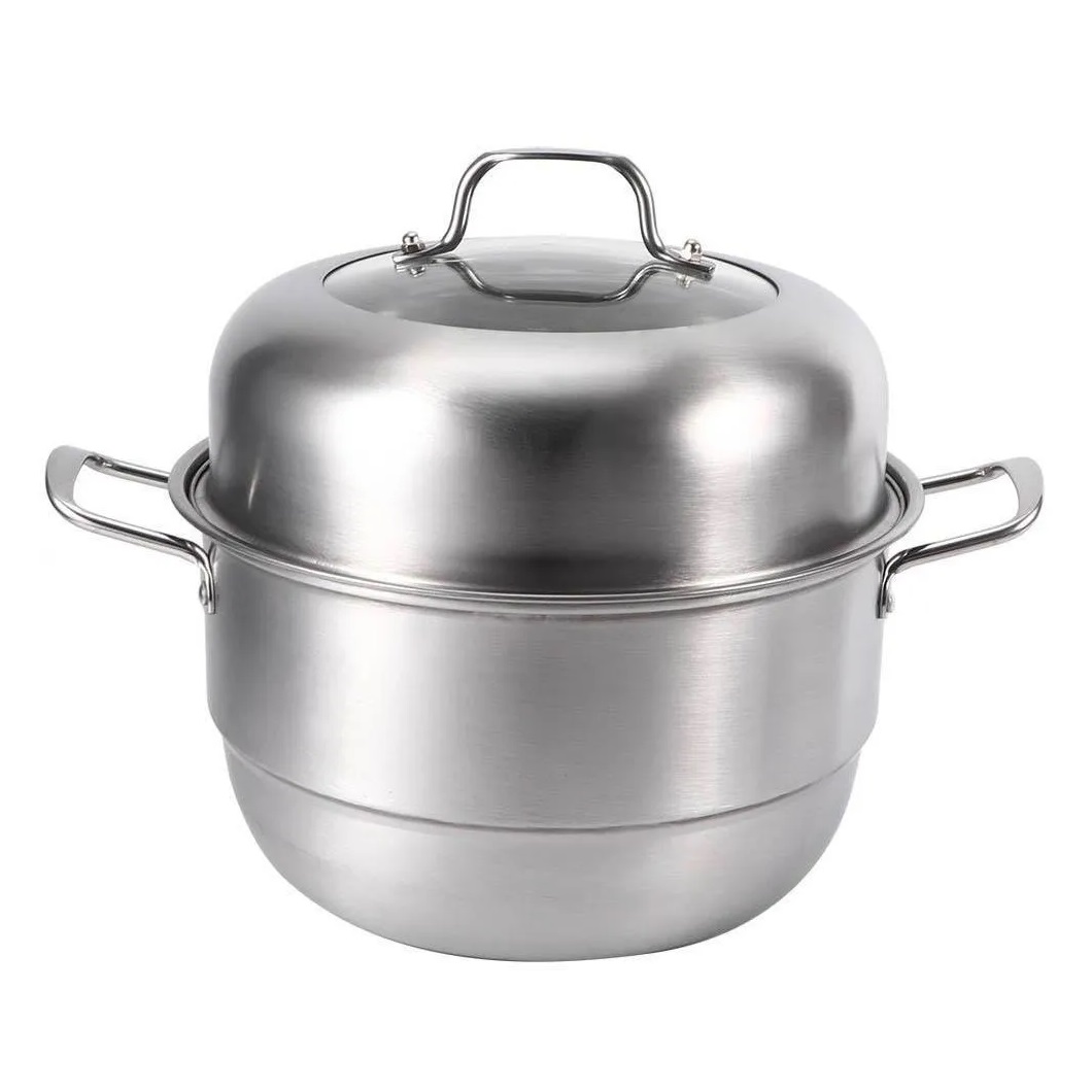 Olla de Vapor Vaporera 2 Niveles en Acero Inoxidable con Tapa Transparente 32 Cm