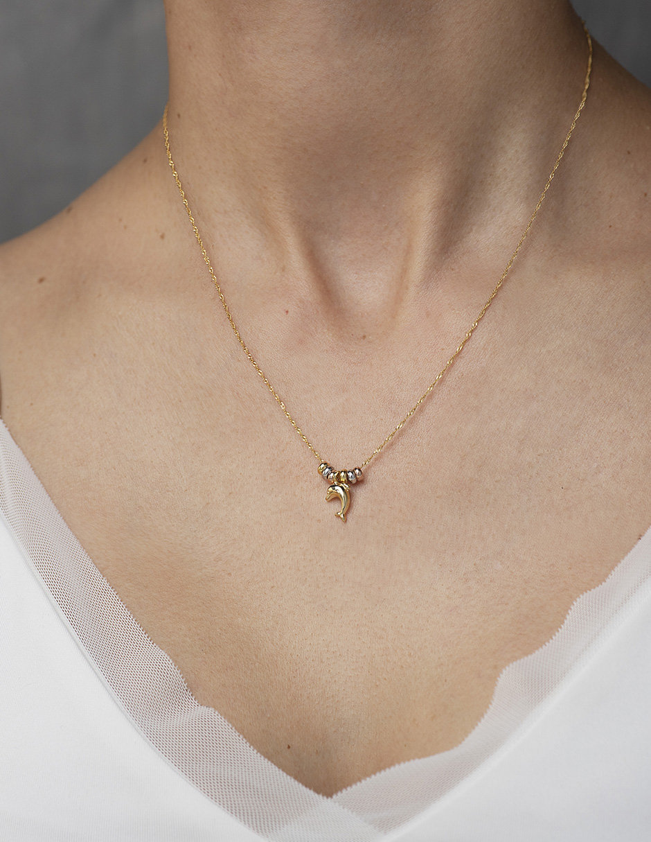 Cadena Gargantilla Dama Delfín Con 3 Oros 14k Sólido 