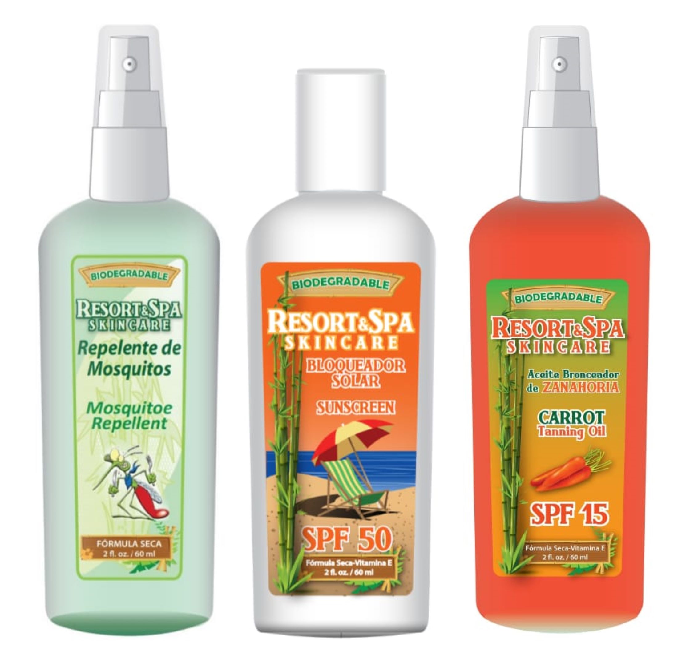 KIT DE VIAJE, Bloqueador Solar SPF 50, Repelente de mosquitos y Aceite Bronceador de Zanahoria 60 ml Biodegradable, Orgánico y Natural.