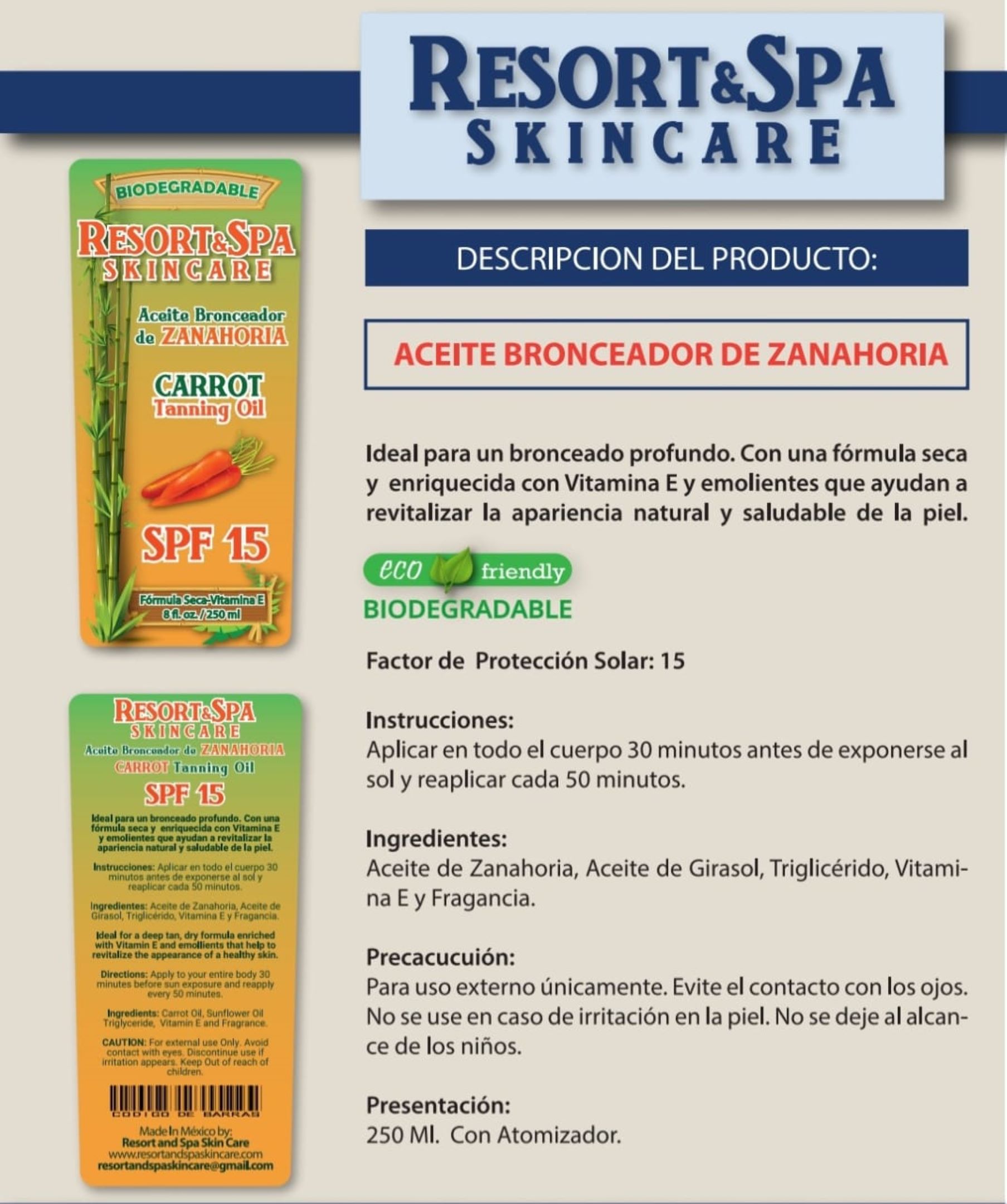 Aceite Bronceador de Zanahoria SPF 15 250 ml Biodegradable, Orgánico Y Natural 