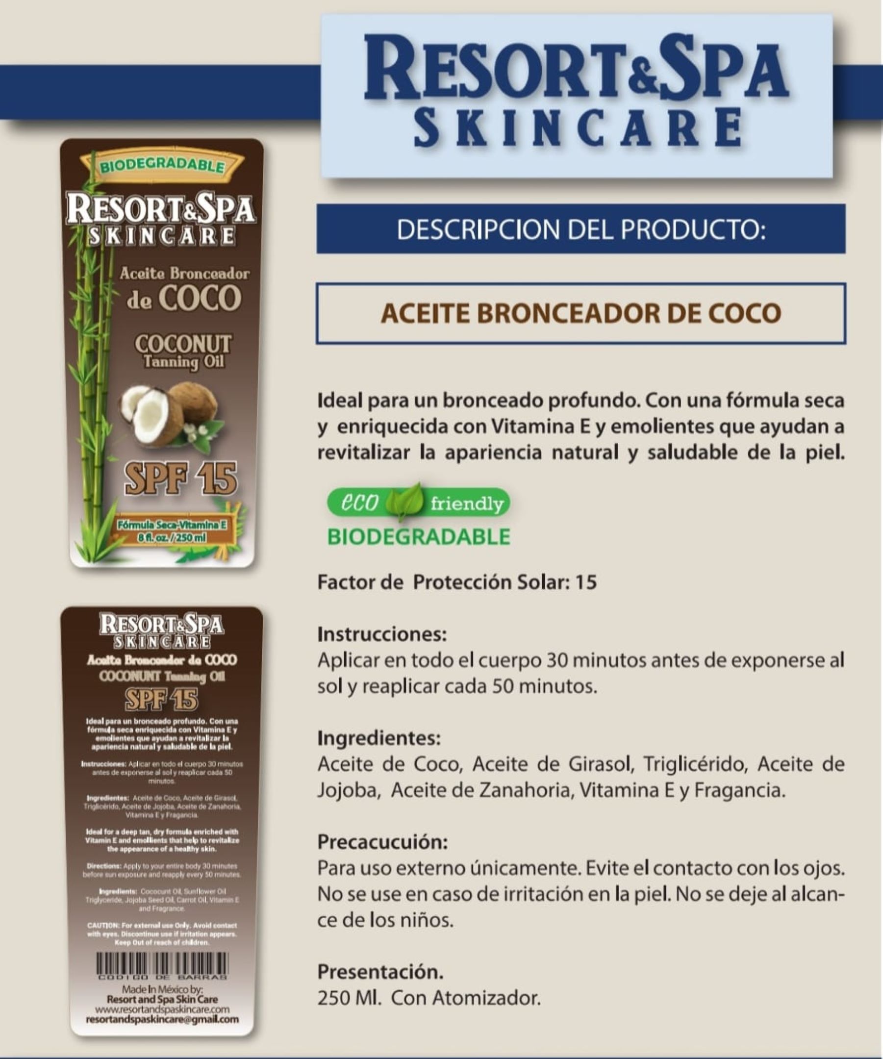 Aceite Bronceador de Coco SPF 15 250 ml Biodegradable, Orgánico Y Natural 