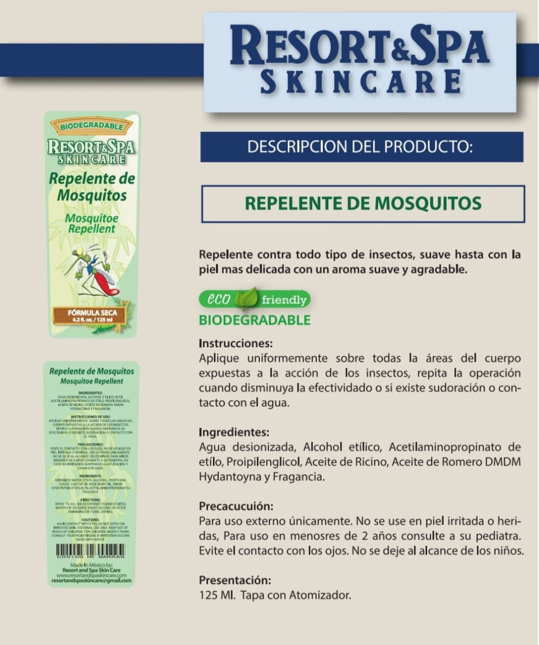 Repelente de Moscos 125 ml  Biodegradable, Orgánico y Natural .