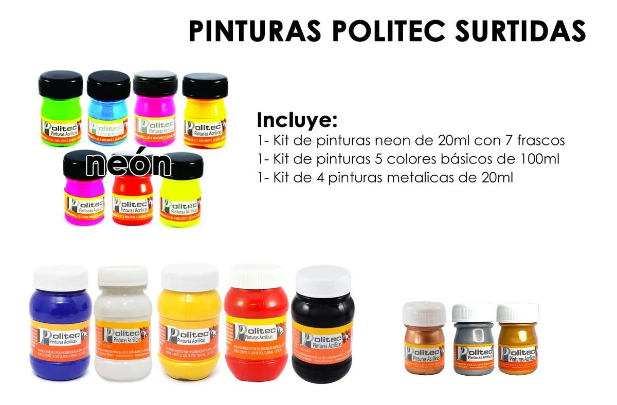 Politec Pinturas Neon Basicos Metalicos Acrilicas Oro Plata