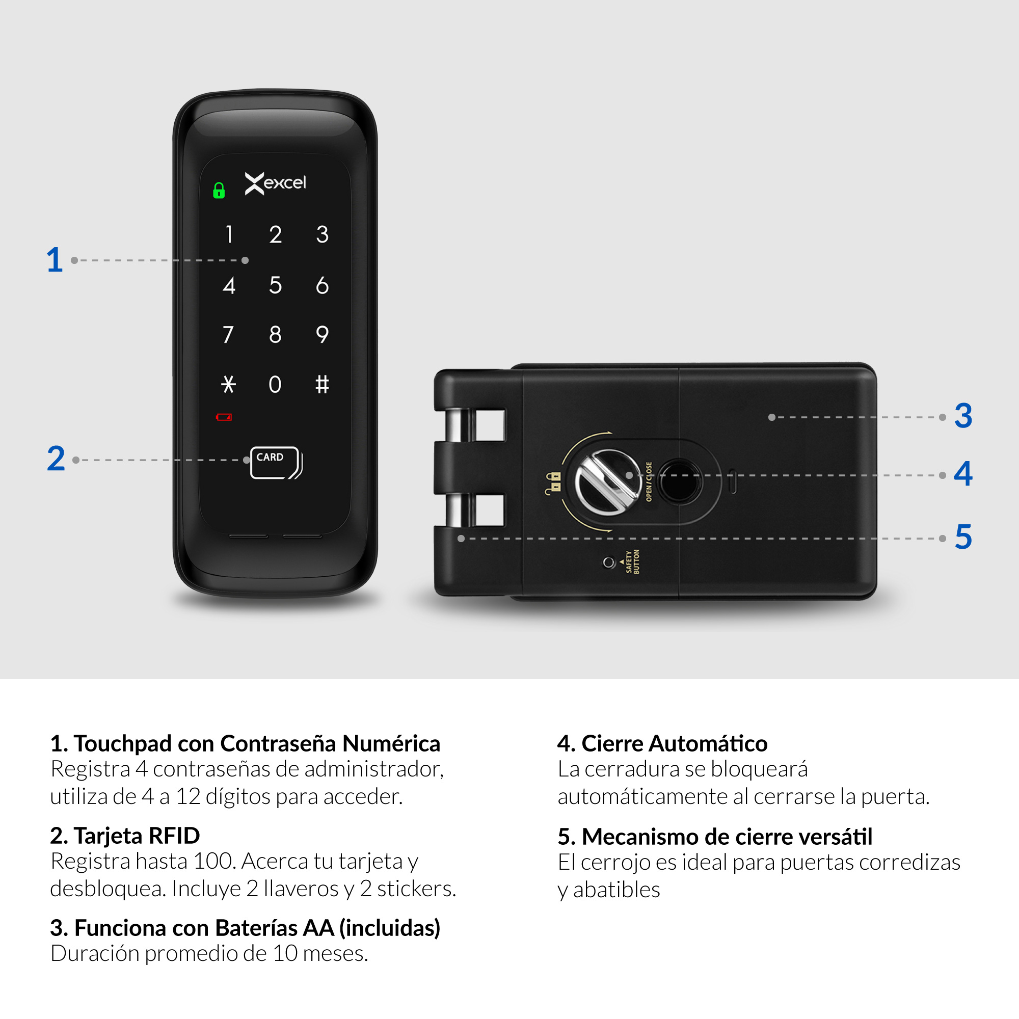 Cerradura Digital con Contraseña y Tarjeta RFID para Puerta Corrediza Excel EXC-D430