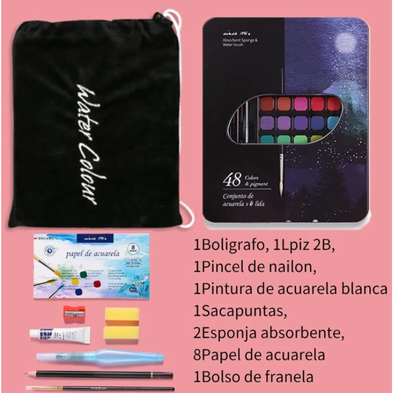Kit Acuarelas Profesionales Arte Acuarelas Sólidas 48colores.