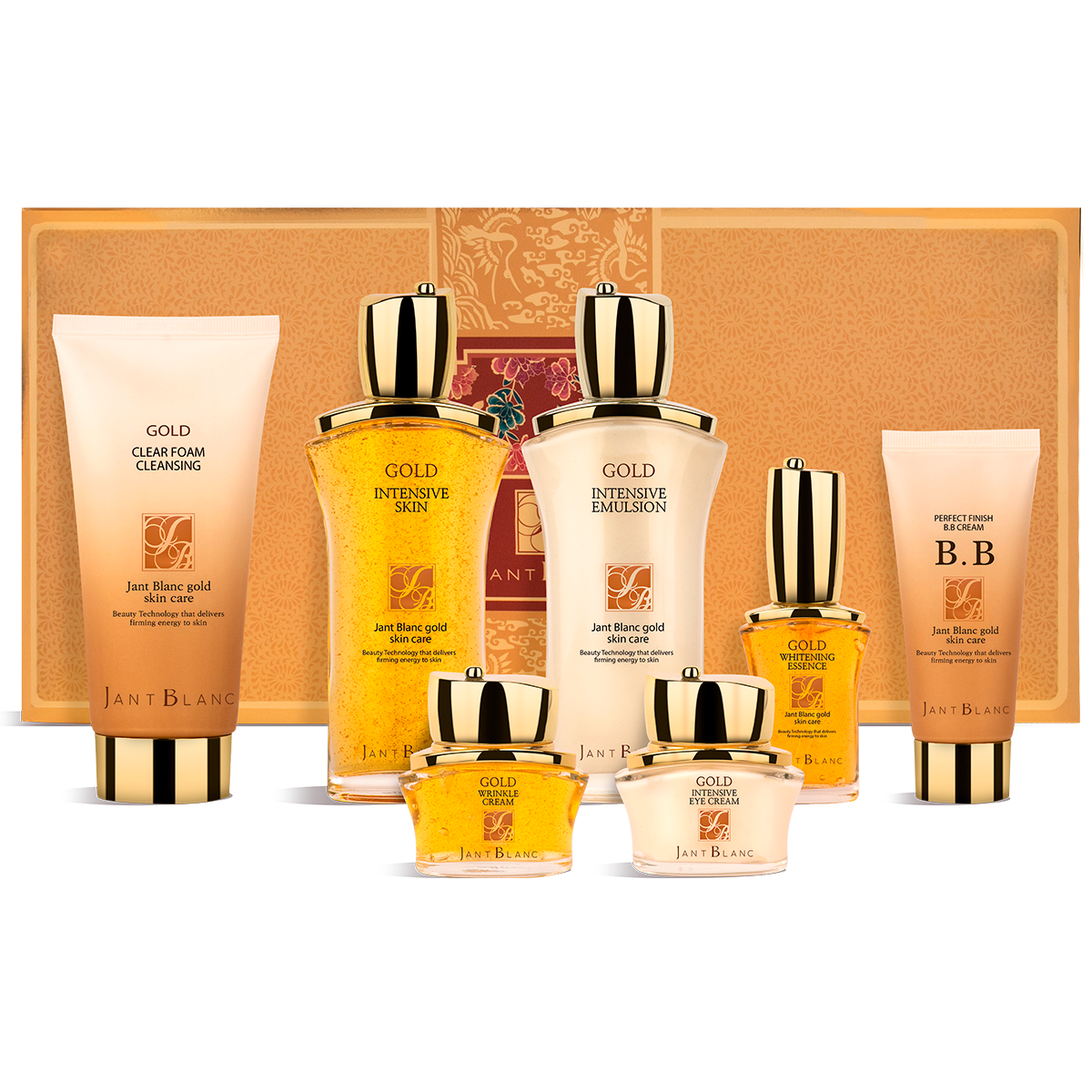 Set cuidado facial polvo de oro: Espuma limpiadora, Tónico, Emulsión, Esencia y Cremas