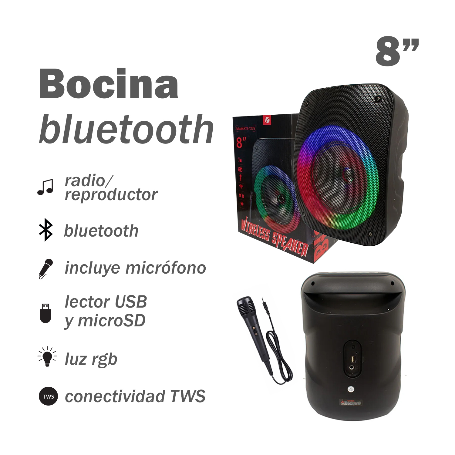 Bocina Portátil de 8" con Bluetooth y Micrófono Link Bits KTS-1275