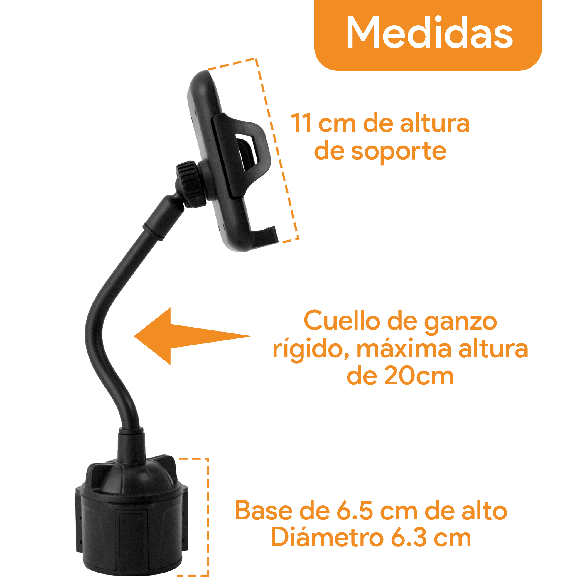 Base Soporte Archy Porta Celular 360 Carro para Porta Vaso de Coche, Flexible, Ajustable y Universal para Dispositivos (BA1631).