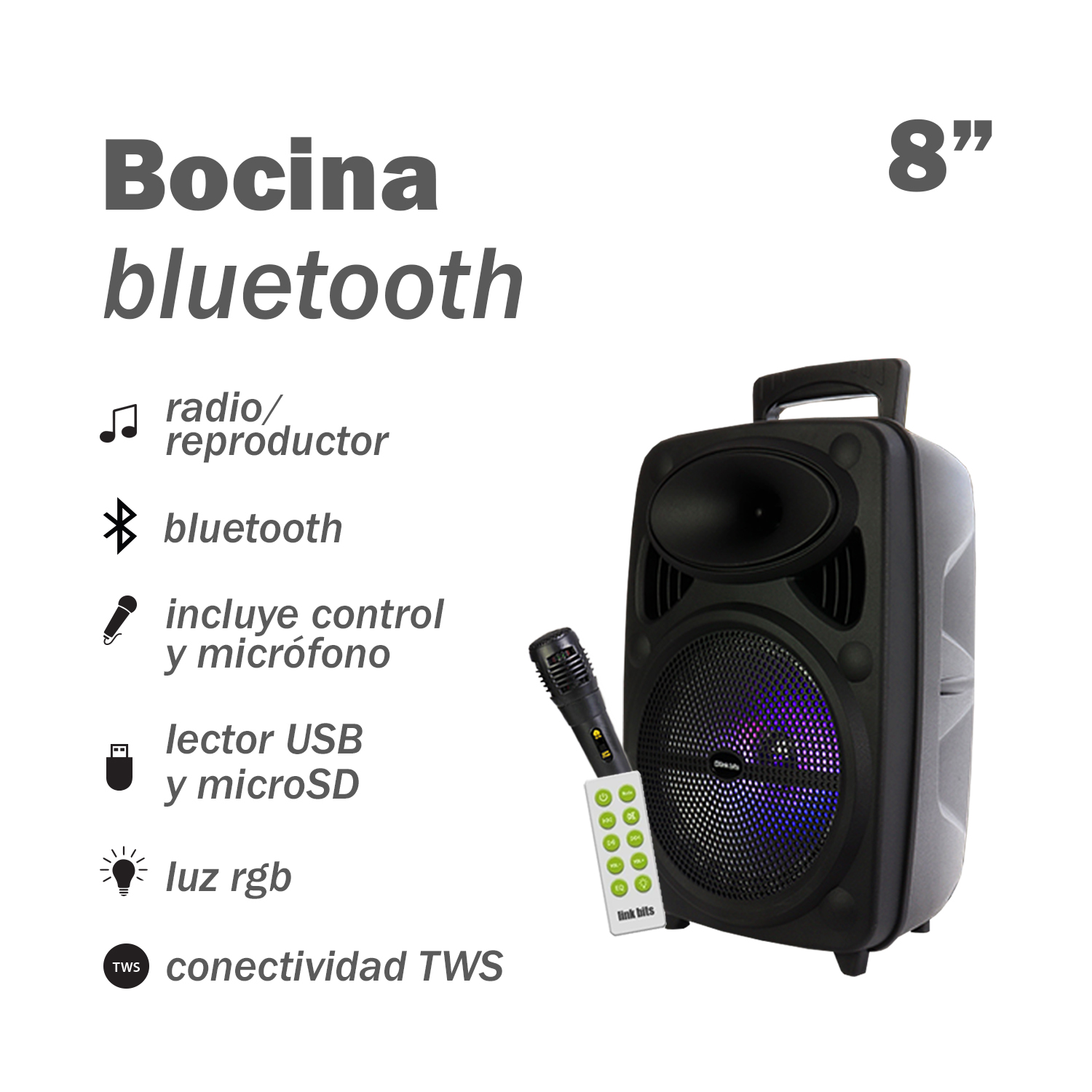 Bocina Bluetooth Portátil de 8" Link Bits SA8049T
