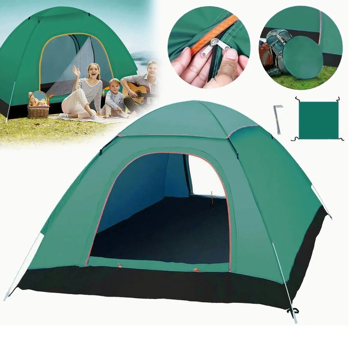 Tienda Casa De Campaña 3-4 Personas Camping Verde Obscuro