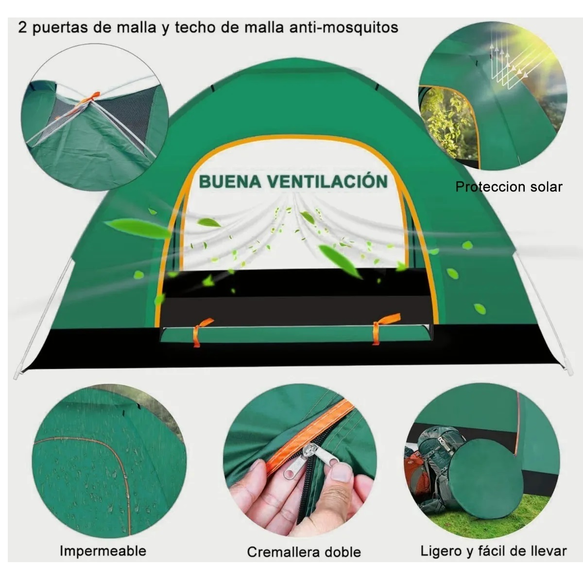 Tienda Casa De Campaña 3-4 Personas Camping Verde Obscuro