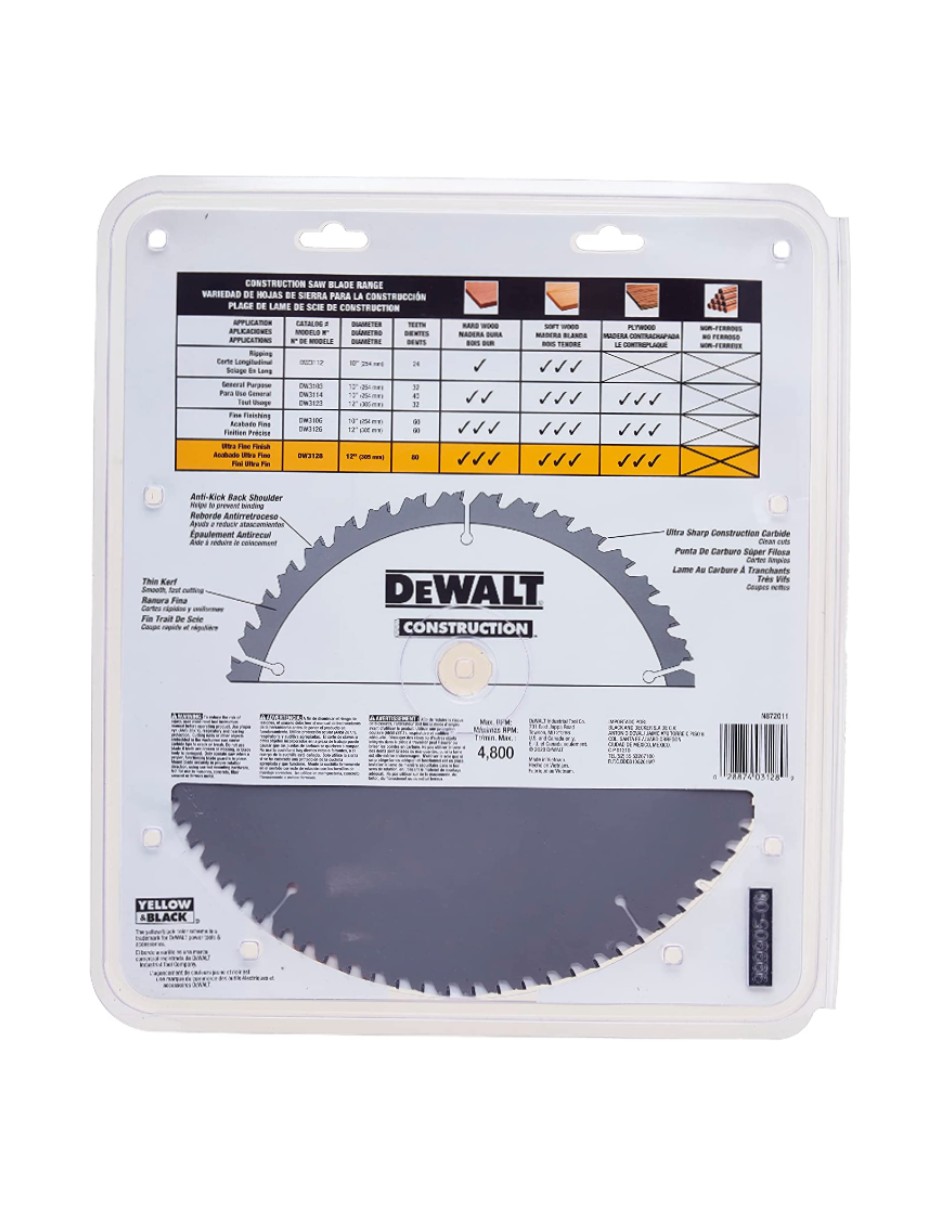 DEWALT DW3128 Hoja de sierra de corte fino 12 Pulgadas Reacondicionado Grado A