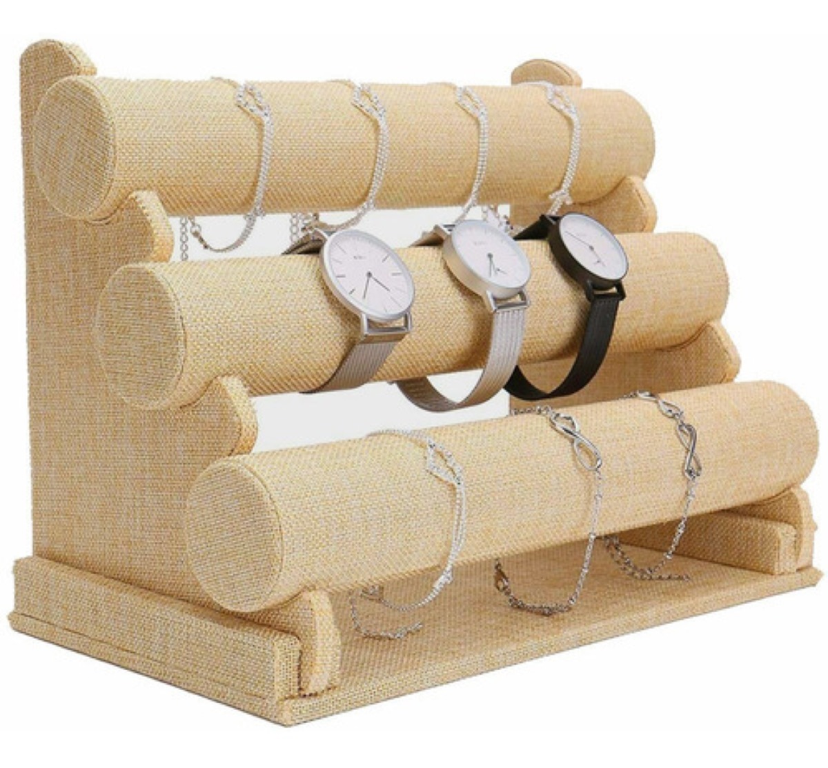 Exhibidor Porta Pulseras y joyeríacon porta Reloj Con 3 Niveles Beige