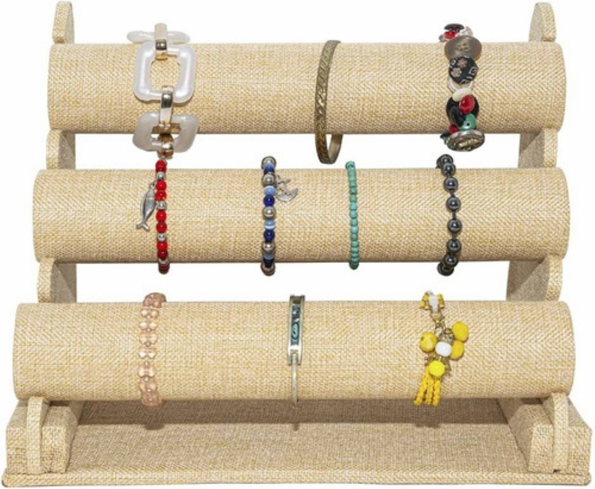 Exhibidor Porta Pulseras y joyeríacon porta Reloj Con 3 Niveles Beige