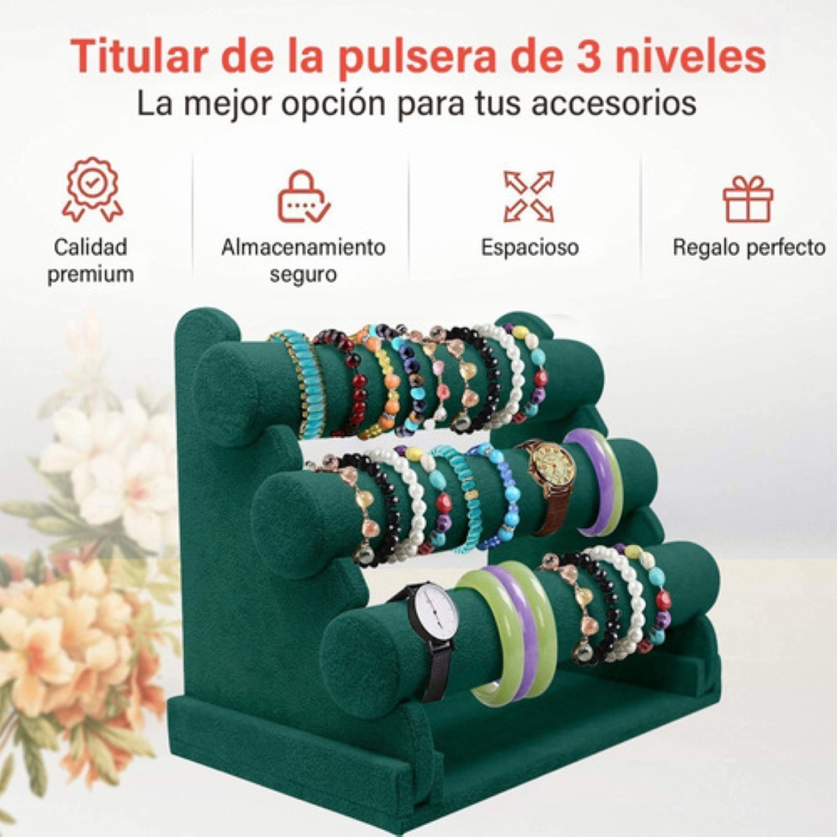 Exhibidor Porta Pulseras y joyeríacon porta Reloj Con 3 Niveles Verde