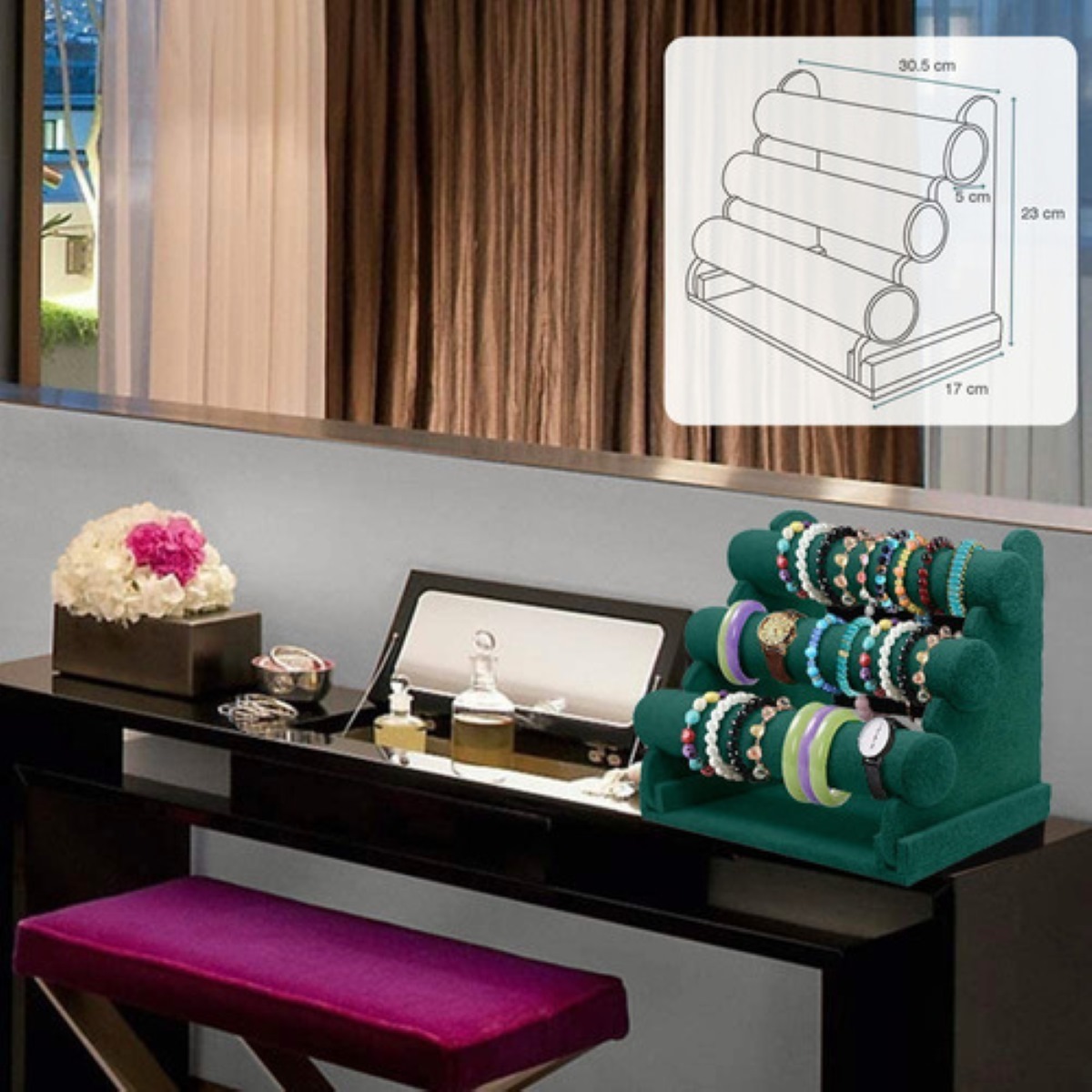 Exhibidor Porta Pulseras y joyeríacon porta Reloj Con 3 Niveles Verde