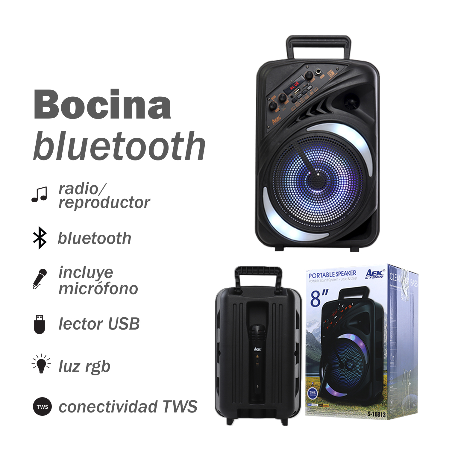 Bocina Bluetooth Portátil de 8" AEK Cyber S-10813b