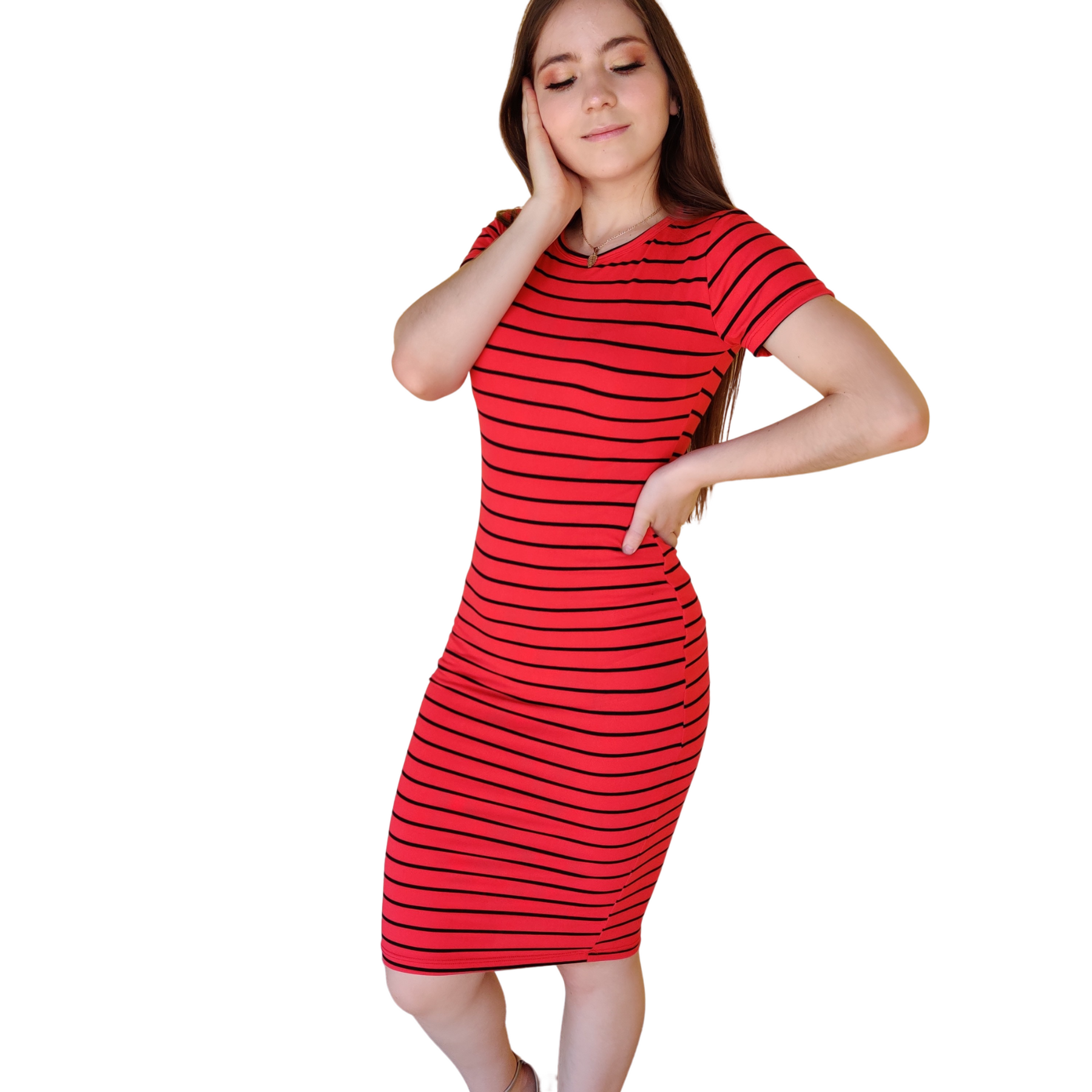 Vestido corte lapiz lineas negras delgadas estampado ajustado curvy