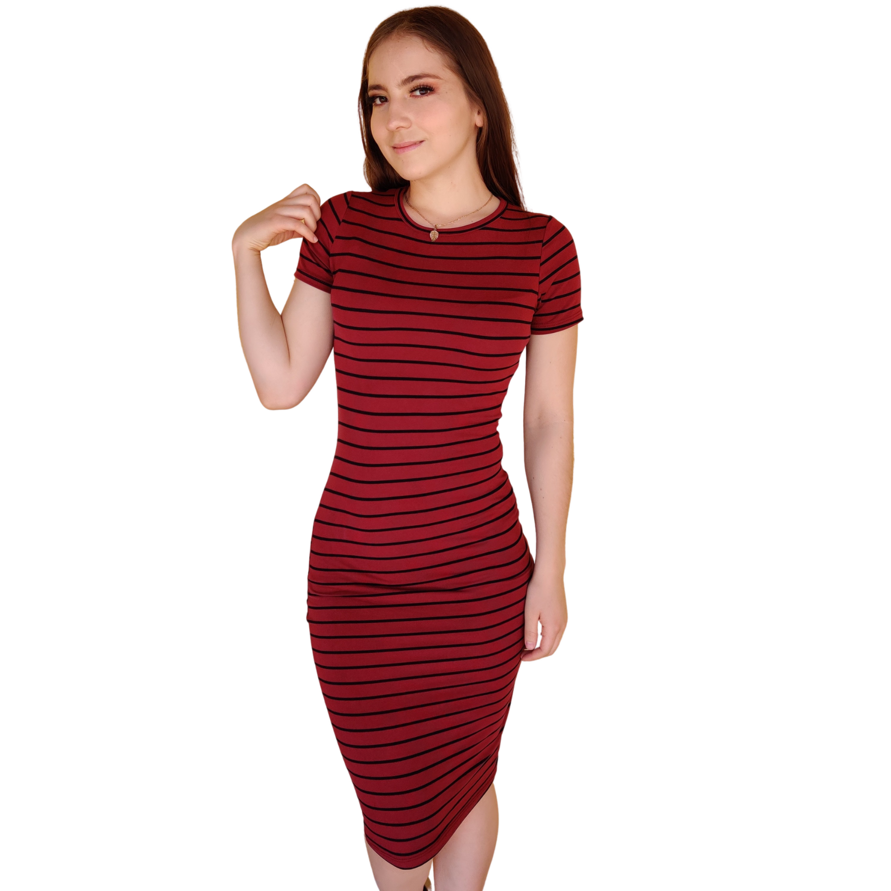 Vestido corte lapiz lineas negras delgadas estampado ajustado curvy