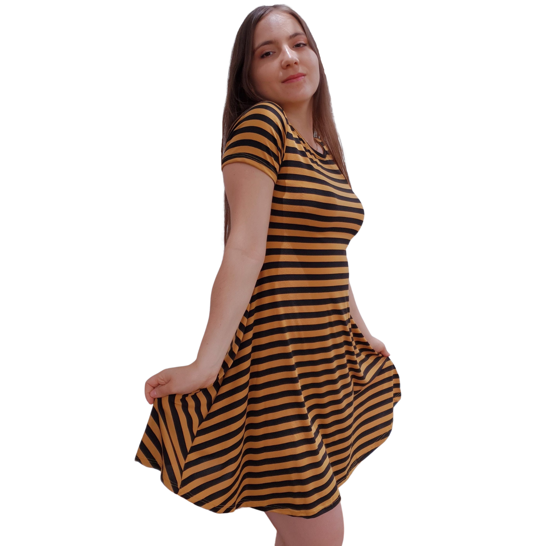 Vestido corte A lineas negras guesas estampado campana holgado curvy