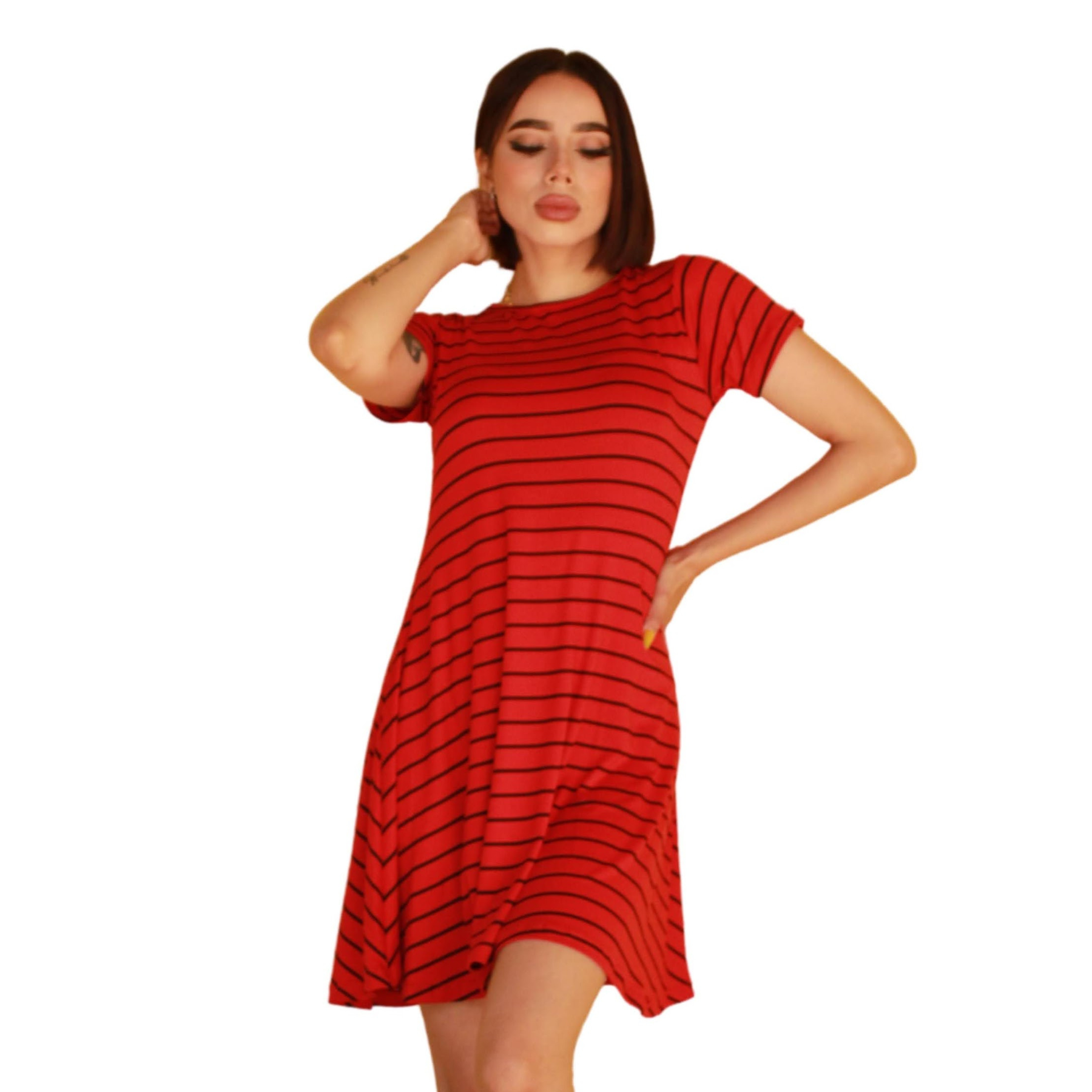 Vestido corte A lineas negras delgadas estampado campana holgado curvy