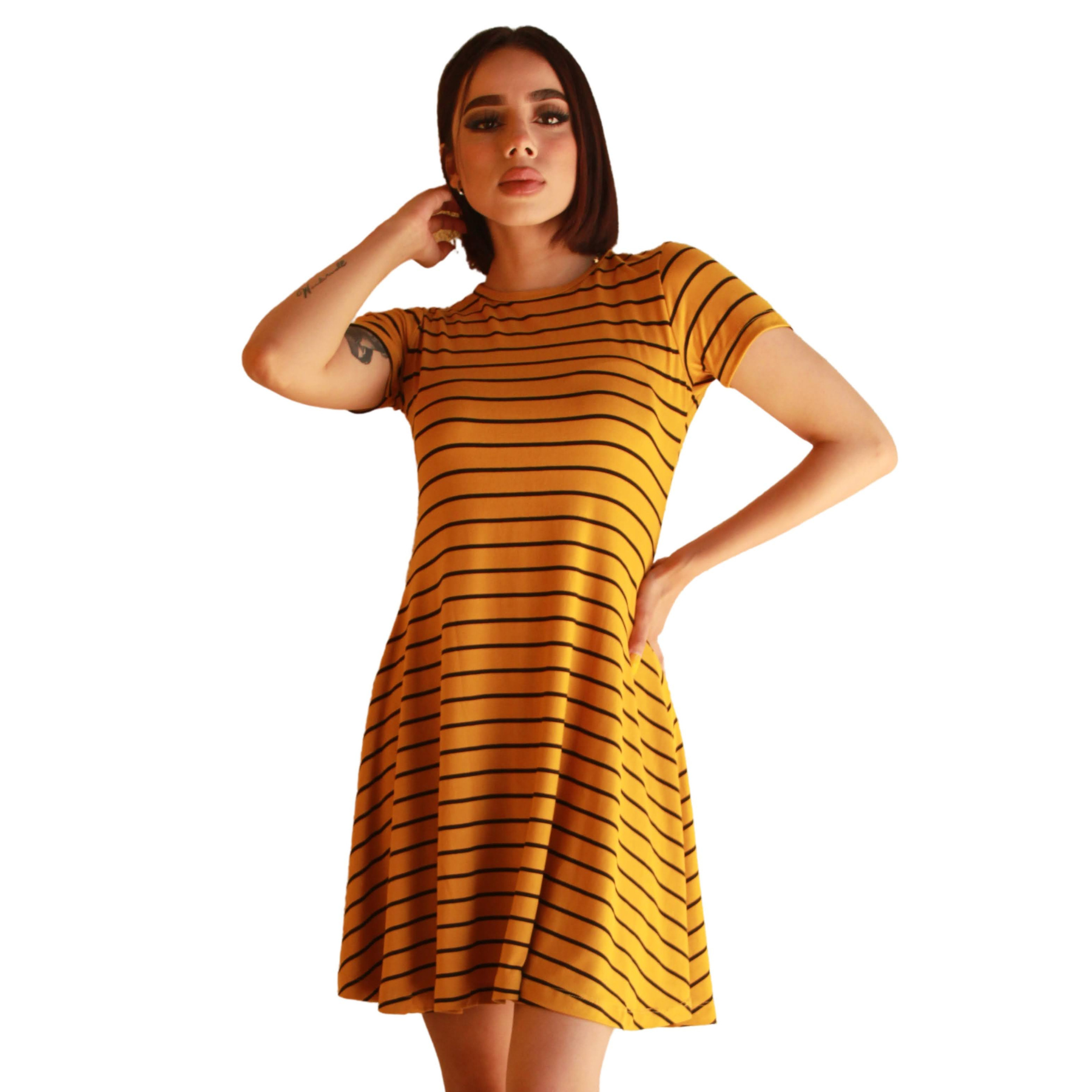Vestido corte A lineas negras delgadas estampado campana holgado curvy