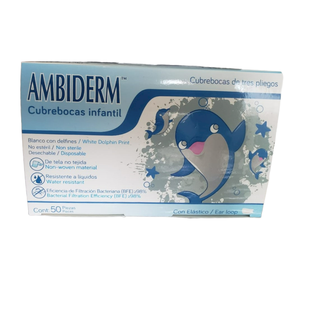 Cubrebocas infantil tricapa estampado delfín, Ambiderm c/50