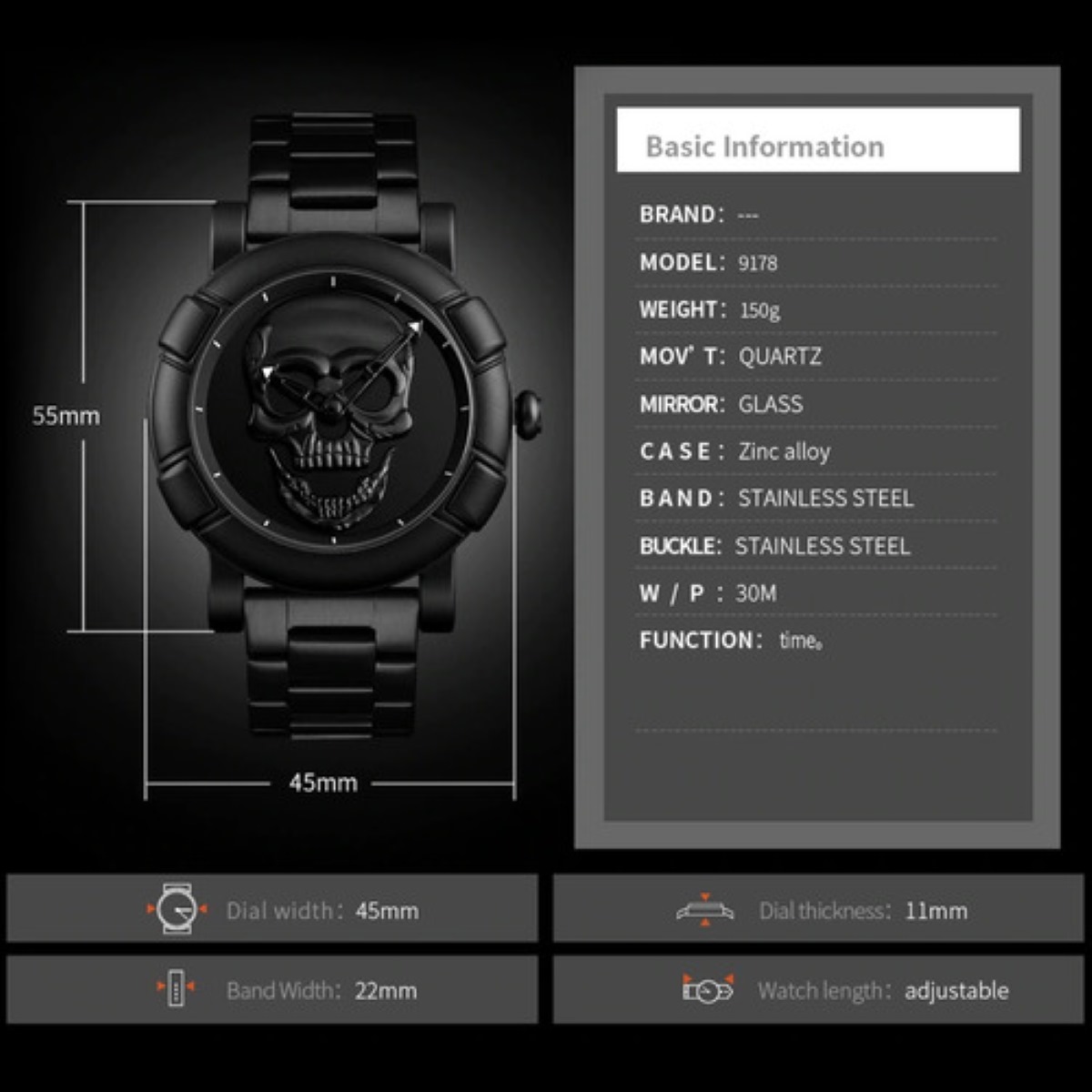 Reloj Analogo Diseño De Calavera Color Negro