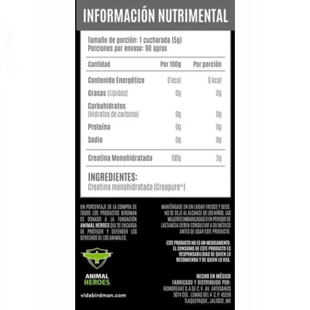 Creatina Monohidratada Birdman de alto pureza 450 g