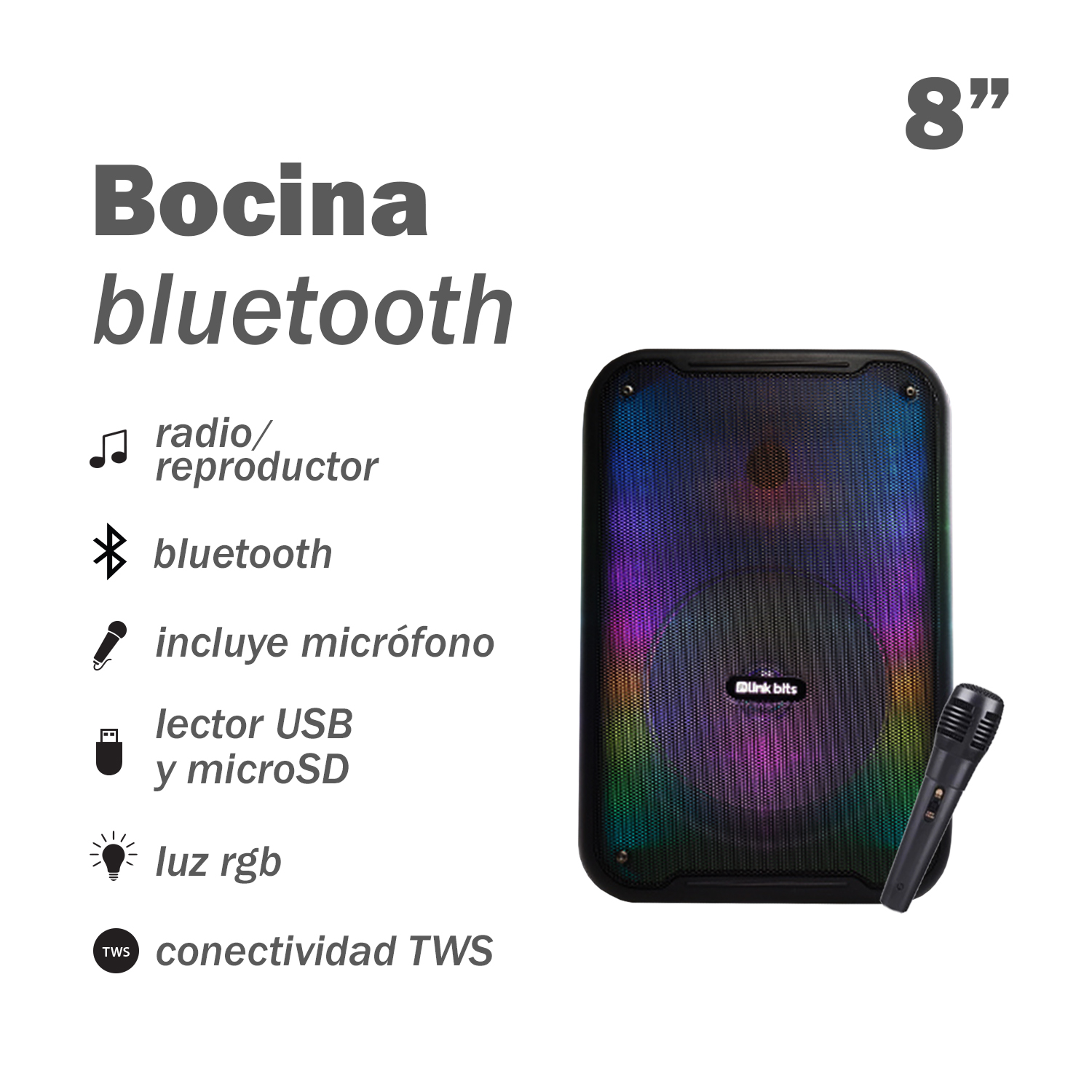 Bocina Bluetooth Portátil de 8" Link Bits SA8053T
