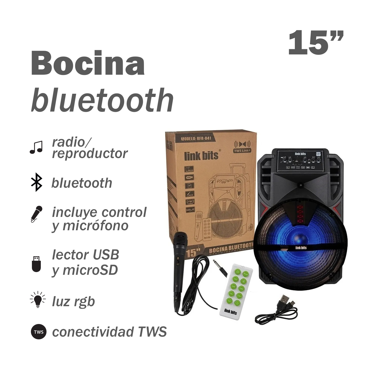 Bocina Grande de 15" con Bluetooth y Micrófono Link Bits BM15014K