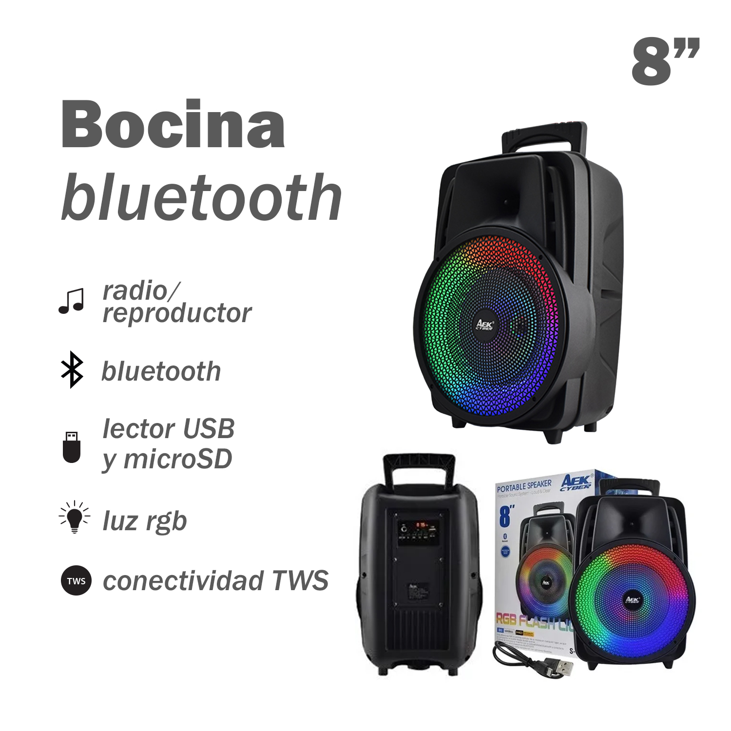 Bocina Bluetooth Portátil de 8" AEK Cyber S-10814