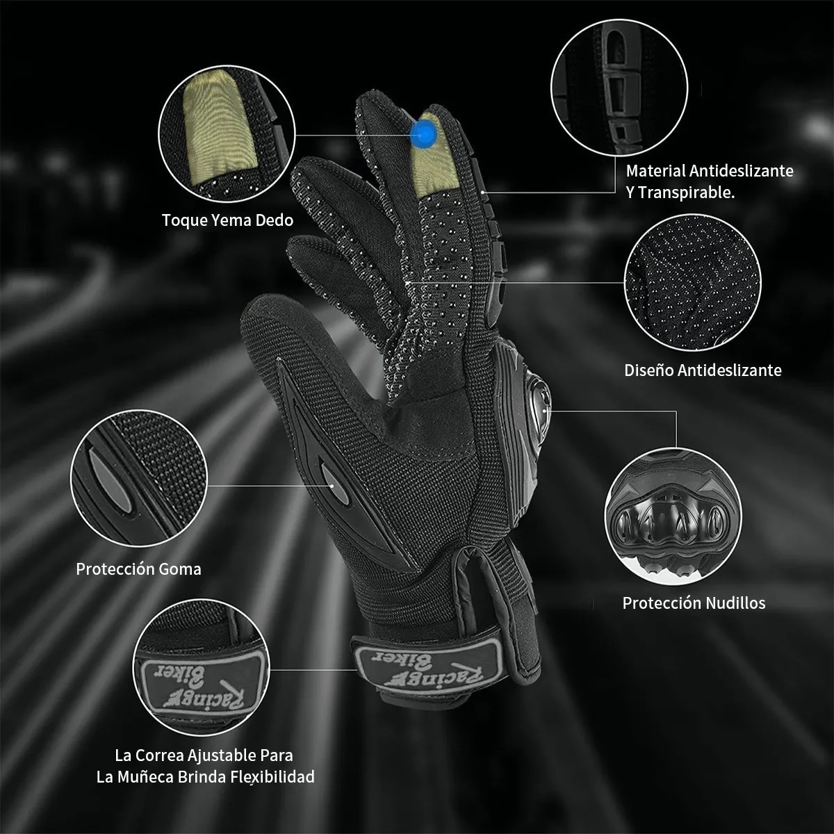 Guantes Protección Para Moto Pantalla Táctil Antideslizante M Negro