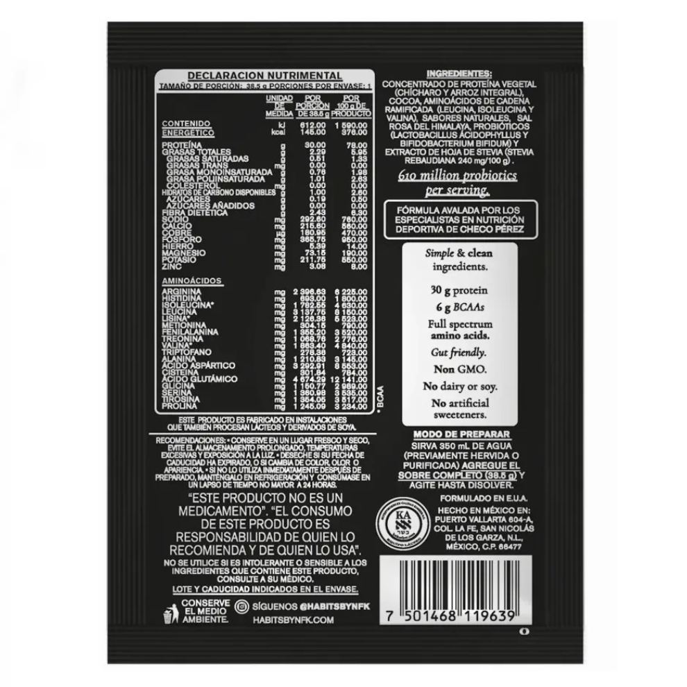 Paquete Proteína Cacao High Performance Habits sobres de 30.5 g 5 piezas