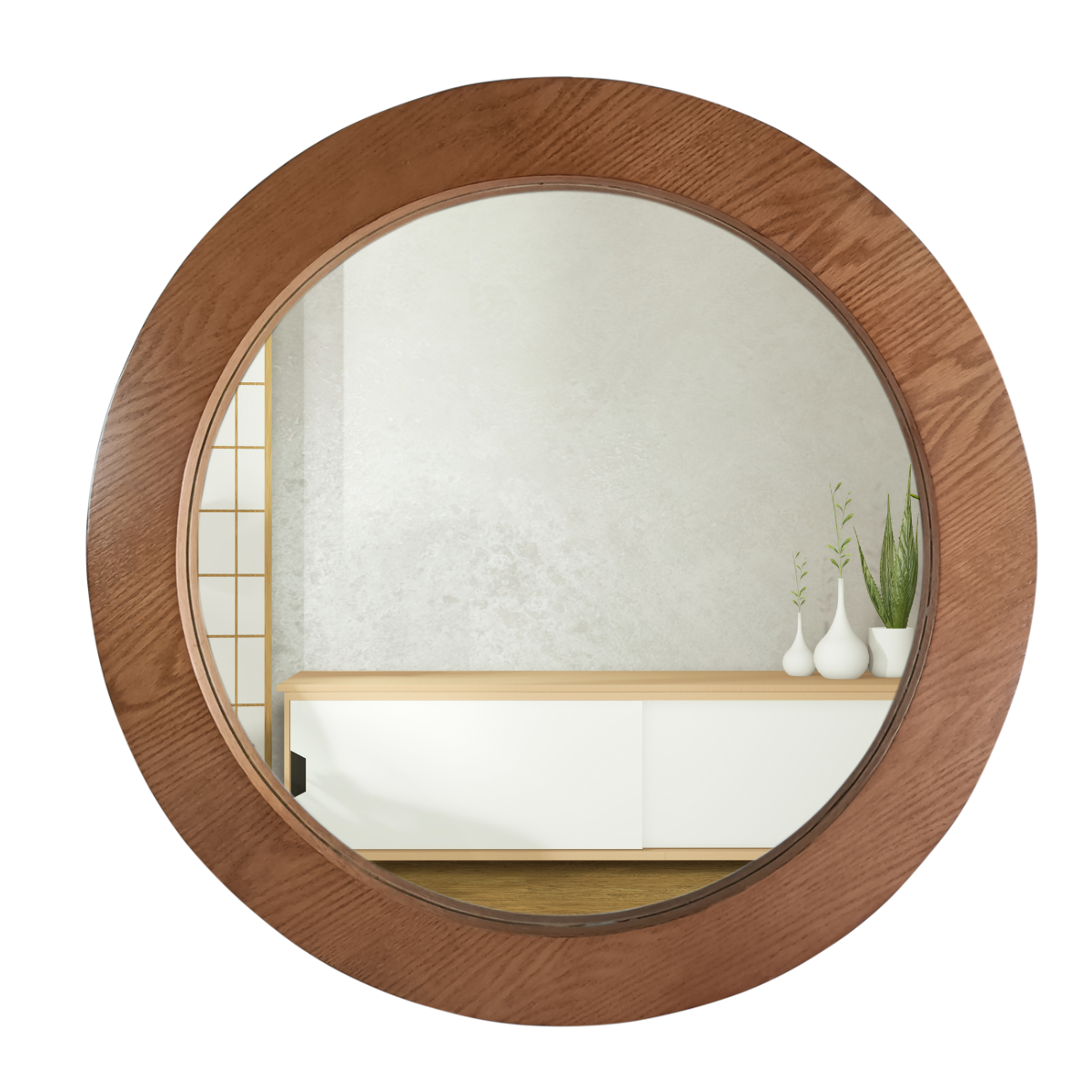 Espejo redondo decorativo de pared con aspecto de madera de encino natural