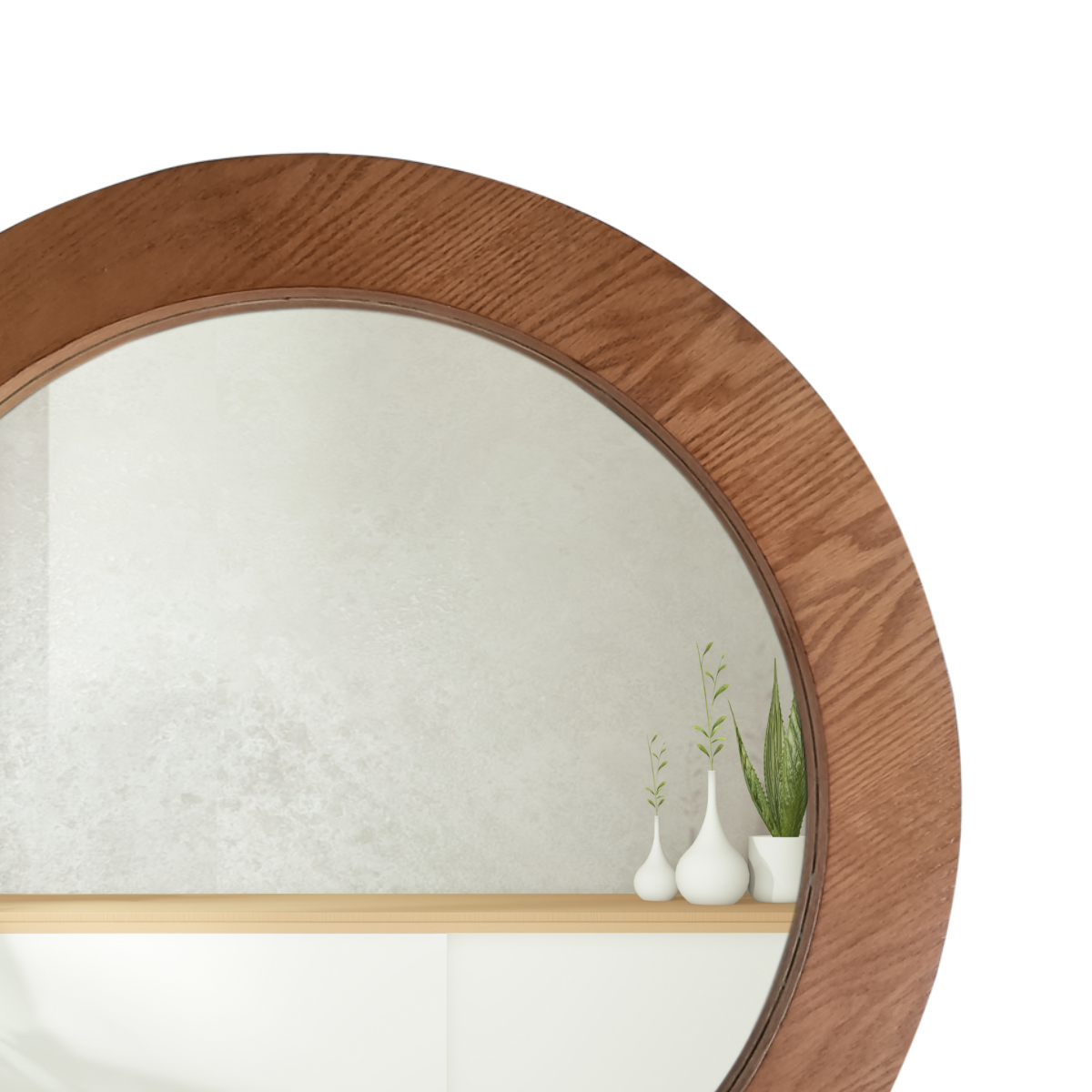 Espejo redondo decorativo de pared con aspecto de madera de encino natural