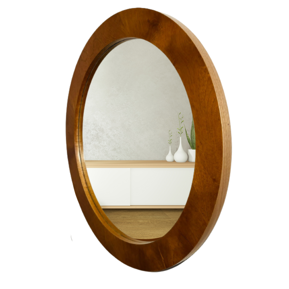 Espejo redondo decorativo de pared con aspecto de madera de encino natural