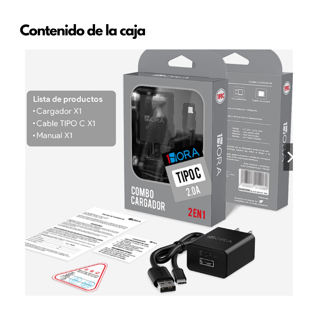 Combo cargador y cable de 1M 1Hora Tipo C 10W, Carga Rápida  USB 2.0A Para Android