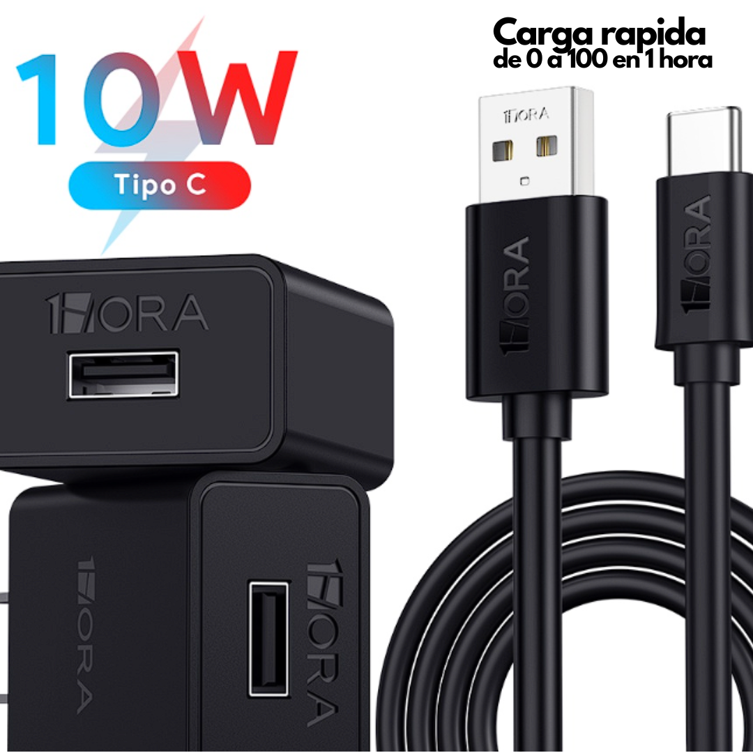 Combo cargador y cable de 1M 1Hora Tipo C 10W, Carga Rápida  USB 2.0A Para Android
