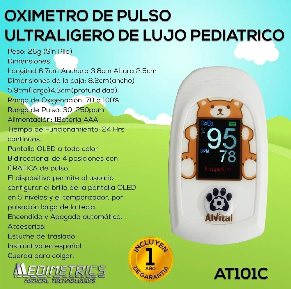 Oxímetro Pulso LED Ultraligero C/Estuche Pediátrico Medimetrics
