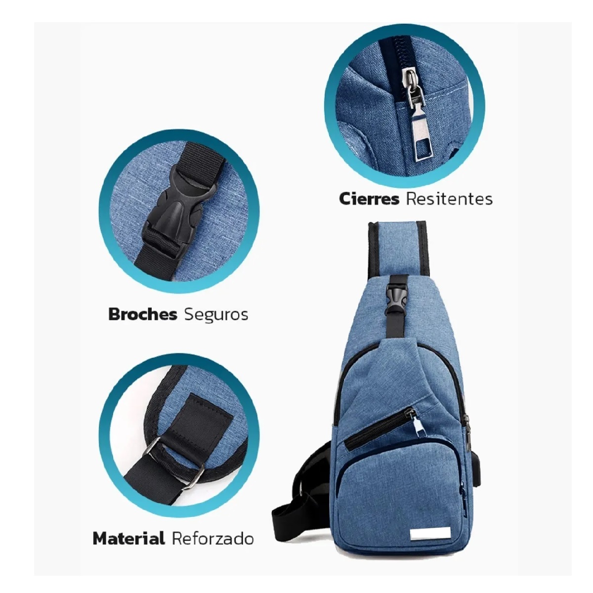 Mochila Cruzada Mariconera Pechera Con Usb Broche Antirrobo Azul