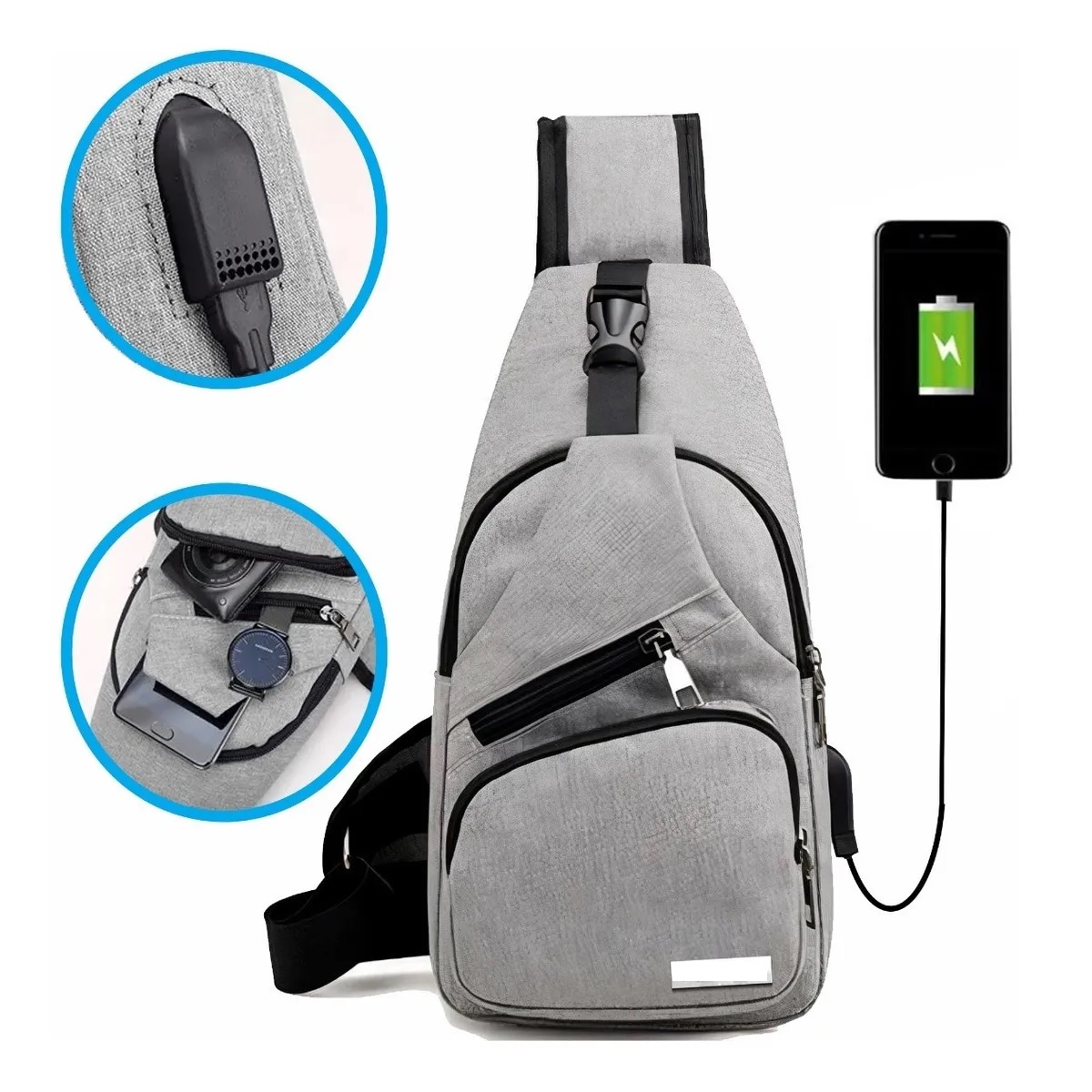 Mochila Cruzada Mariconera Pechera Con Usb Broche Antirrobo Gris