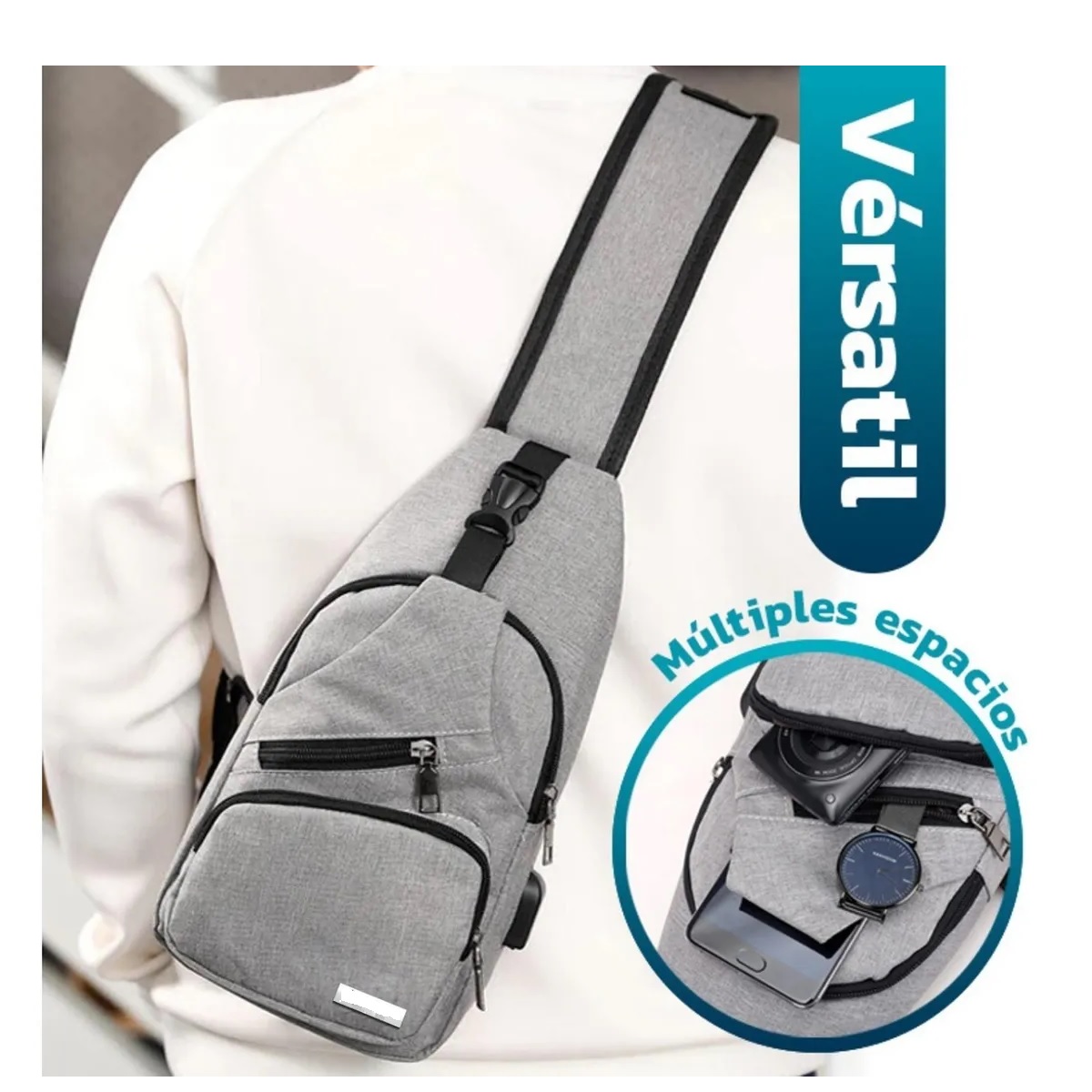 Mochila Cruzada Mariconera Pechera Con Usb Broche Antirrobo Gris