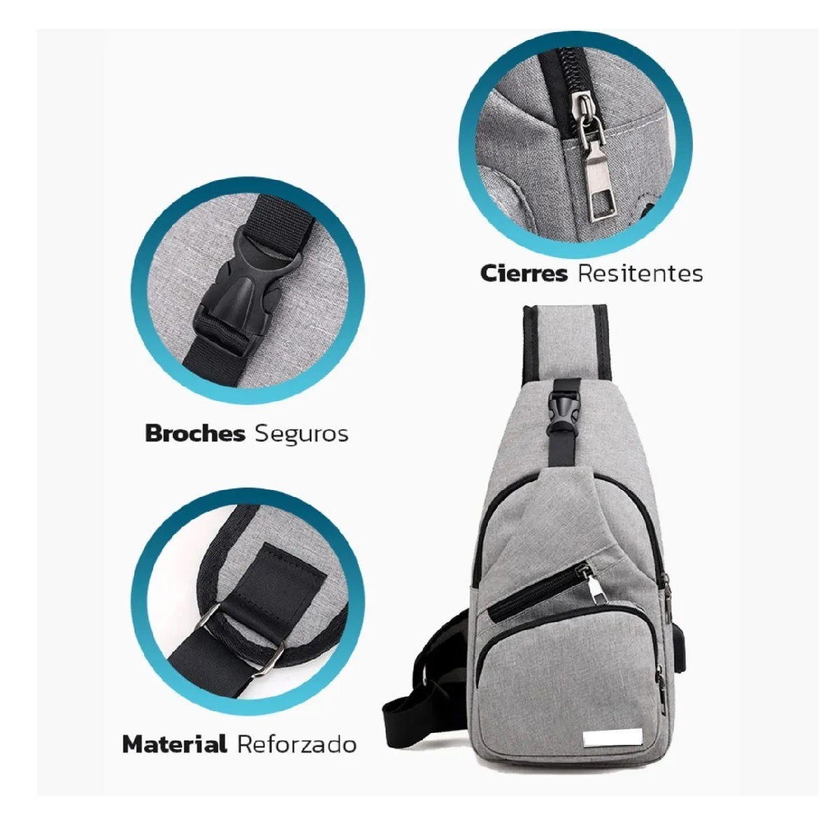 Mochila Cruzada Mariconera Pechera Con Usb Broche Antirrobo Gris