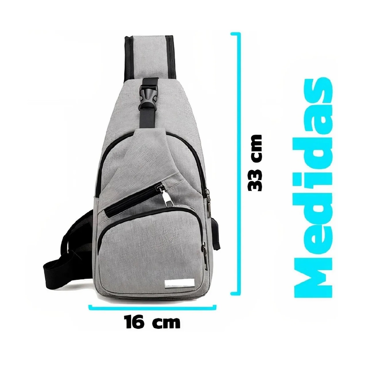 Mochila Cruzada Mariconera Pechera Con Usb Broche Antirrobo Gris