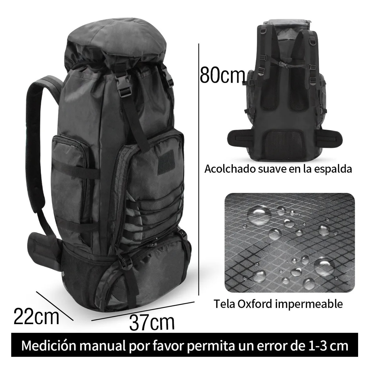 Mochila Impermeable 80l Para Senderismo Montañismo Grande Negro